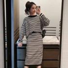 Set: Striped Sweater + Straight-fit Midi Knit Skirt