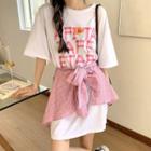 Short-sleeve Lettering T-shirt Dress / Plaid A-line Skirt