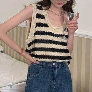 Sleeveless Striped Pointelle Knit Top Stripes - Almond - One Size
