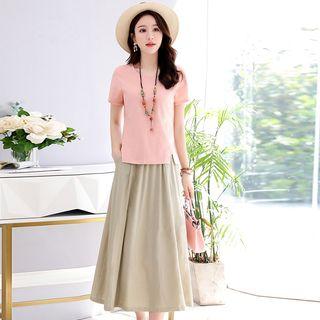 Set: Side Slit Short-sleeve T-shirt + Midi A-line Skirt