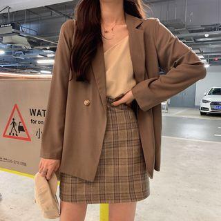 Plain Loose-fit Blazer / Slim-fit Camisole Top / Plaid Skirt