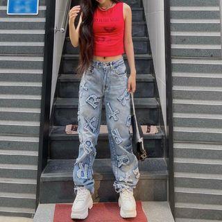 High Waist Gradient Applique Straight Leg Jeans