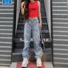 High Waist Gradient Applique Straight Leg Jeans