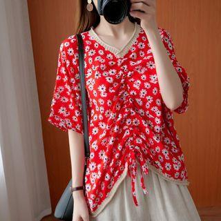 Print V-neck Drawstring Semi Sleeve T Shirt Red - F