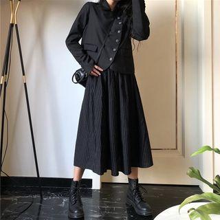 Asymmetric Plain Blazer / Striped A-line Skirt