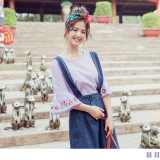 Floral Embroidered 3/4 Bell Sleeve Striped Top