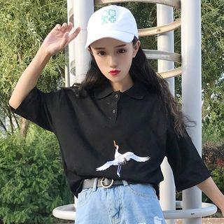 Elbow-sleeve Crane Embroidery Polo Shirt