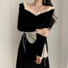 Off-shoulder Velvet Long-sleeve A-line Dress Black - One Size