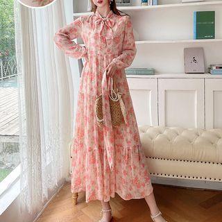 Long-sleeve Tie-neck Floral Midi Smock Dress