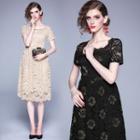Square-neck Short-sleeve A-line Lace Dress