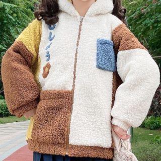 Color Block Hooded Fleece Zip-up Jacket