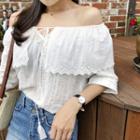 Tassel-detail Eyelet-lace Capelet Off-shoulder Top