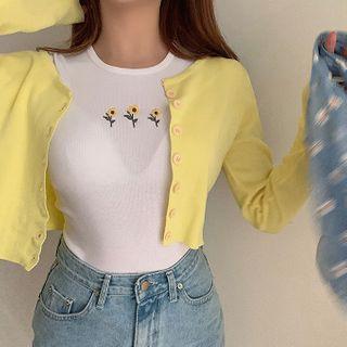 Short-sleeve Floral Embroidered Ribbed T-shirt / Cropped Cardigan
