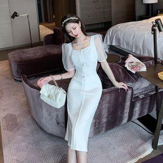 Puff-sleeve Mesh Panel Midi Dress