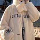 Letter Embroidered Hooded Fluffy Jacket