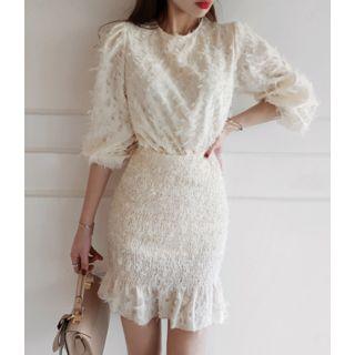 3/4-sleeve Smocked-panel Fringed Mermaid Dress