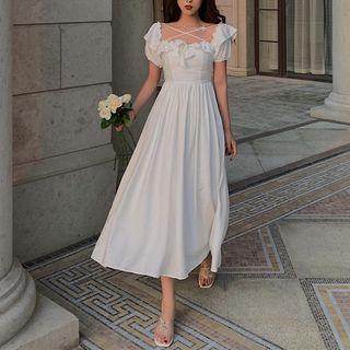 Short-sleeve Square-neck Ruffle-trim Dress