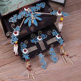 Wedding Set: Traditional Chinese Headpiece + Hair Comb + Dangle Earring Blue - One Size