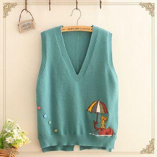 V-neck Cartoon Pattern Knit Vest