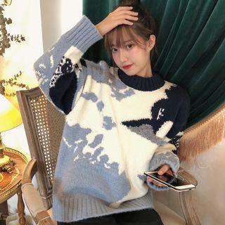 Mock Two-piece Oversize Color Panel Knit Sweater As Shown In Figure - One Size