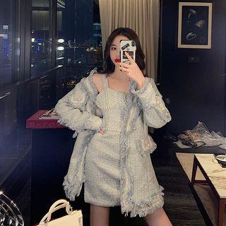 Plaid Blazer / Faux Pearl Strappy Dress