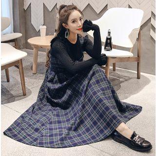 Knit Top / Plaid Midi Jumper Dress