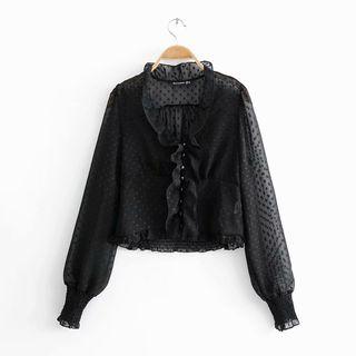 Ruffle Trim Dotted Mesh Blouse