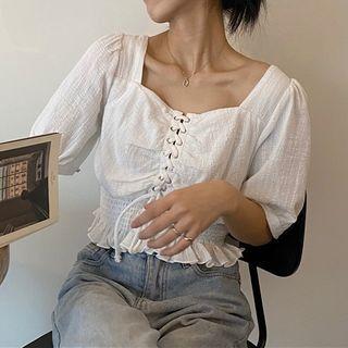 Balloon-sleeve Square Neck Top White - One Size