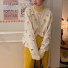 Long-sleeve Cherry Printed Cardigan / Long-sleeve Plain Top / Split Hem Skirt