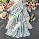 V-neck Floral Print Long-sleeve Dress Light Blue - One Size