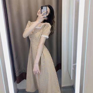 Short-sleeve Plaid Lace Trim Midi A-line Dress