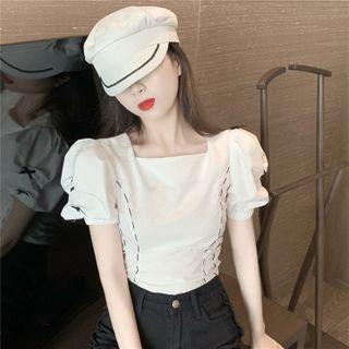 Puff-sleeve Square-neck Cropped Blouse White - One Size