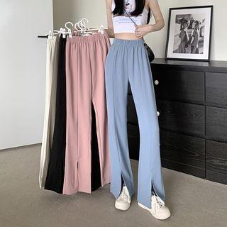 Elastic-waist Split Wide-leg Pants