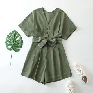 Short-sleeve Button-up V-neck Playsuit