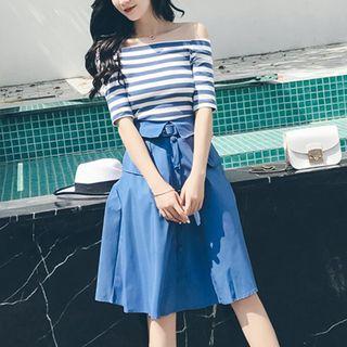 Set: Striped Off-shoulder Elbow-sleeve T-shirt + A-line Skirt