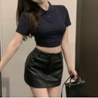 Short-sleeve Slim Fit Polo Shirt / Faux Leather Mini Skirt