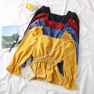 Elastic-waist Lace-trim Crop Blouse
