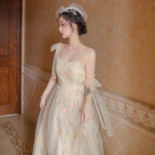 Spaghetti Strap Floral Embroidered Mesh Midi A-line Dress