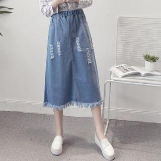 Distressed Fray Hem Midi Denim Skirt