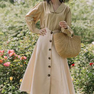 Set: Long-sleeve Shirt + Button Midi A-line Skirt