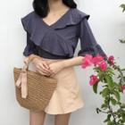 Plain V-neck Bell-sleeve Loose-fit Top
