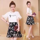 Set: Frill Trim Lettering Short Sleeve T-shirt + Floral Mini A-line Skirt