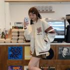 Long-sleeve Letter Printed Striped Oversized Baseball Jacket