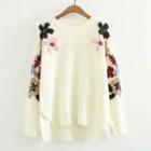 Flower Embroidered Sweater Beige - One Size