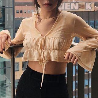 Bell-sleeve Tie-front Chiffon Crop Top