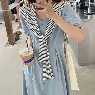 Mock Two-piece Short-sleeve Shirt Dress Blue - One Size