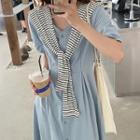 Mock Two-piece Short-sleeve Shirt Dress Blue - One Size