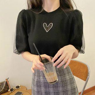 Puff-sleeve Heart Embroidered Knit Top