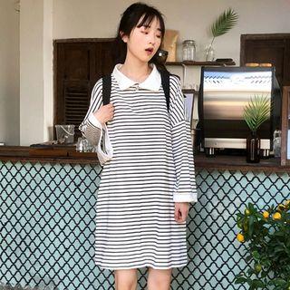Striped Long-sleeve Polo Neck Tunic Dress