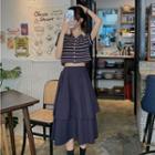 Short-sleeve Striped Polo Shirt / Midi Layered Skirt